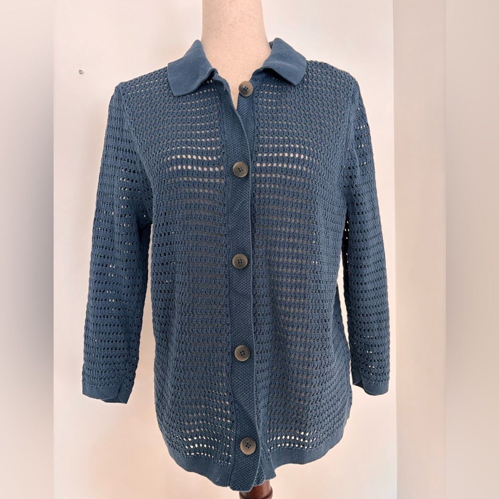 J Jill Blue Knit Style Cardigan with collar button front blue blouse Cottagecore